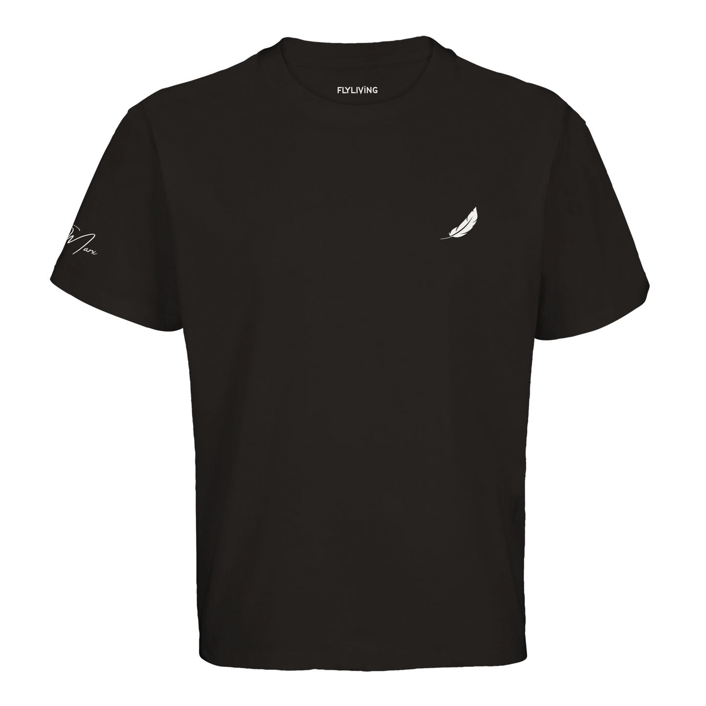 Schwarzes retro comic oversized t-shirt mit weißen feder- und signaturstickereien auf kurzärmeln unisex vintage-look