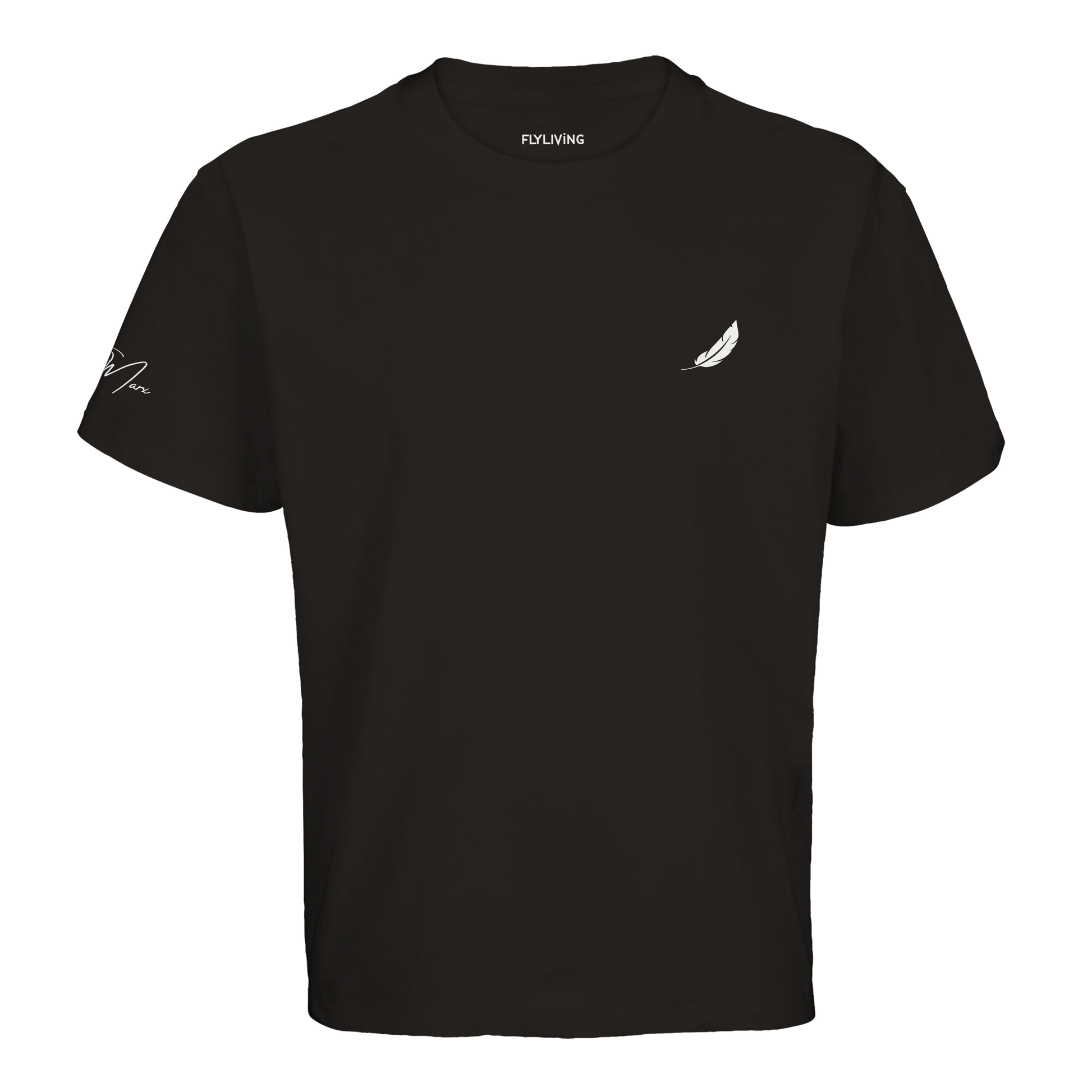 Schwarzes retro comic oversized t-shirt mit weißen feder- und signaturstickereien auf kurzärmeln unisex vintage-look