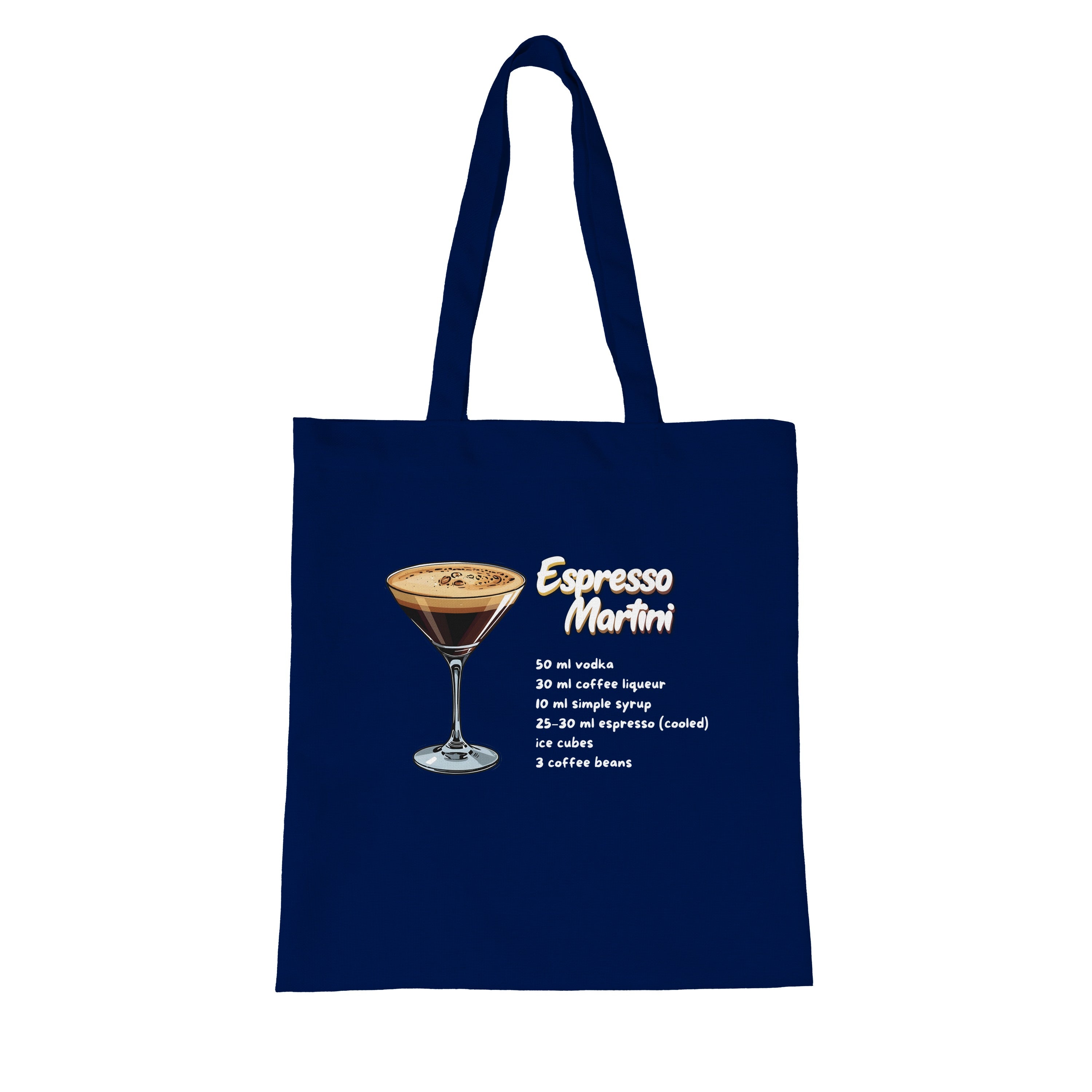 Dunkelblauer Jutebeutel mit Espresso Martini Rezept von flyliving, mit Cocktailglas-Motiv und Textgrafik.