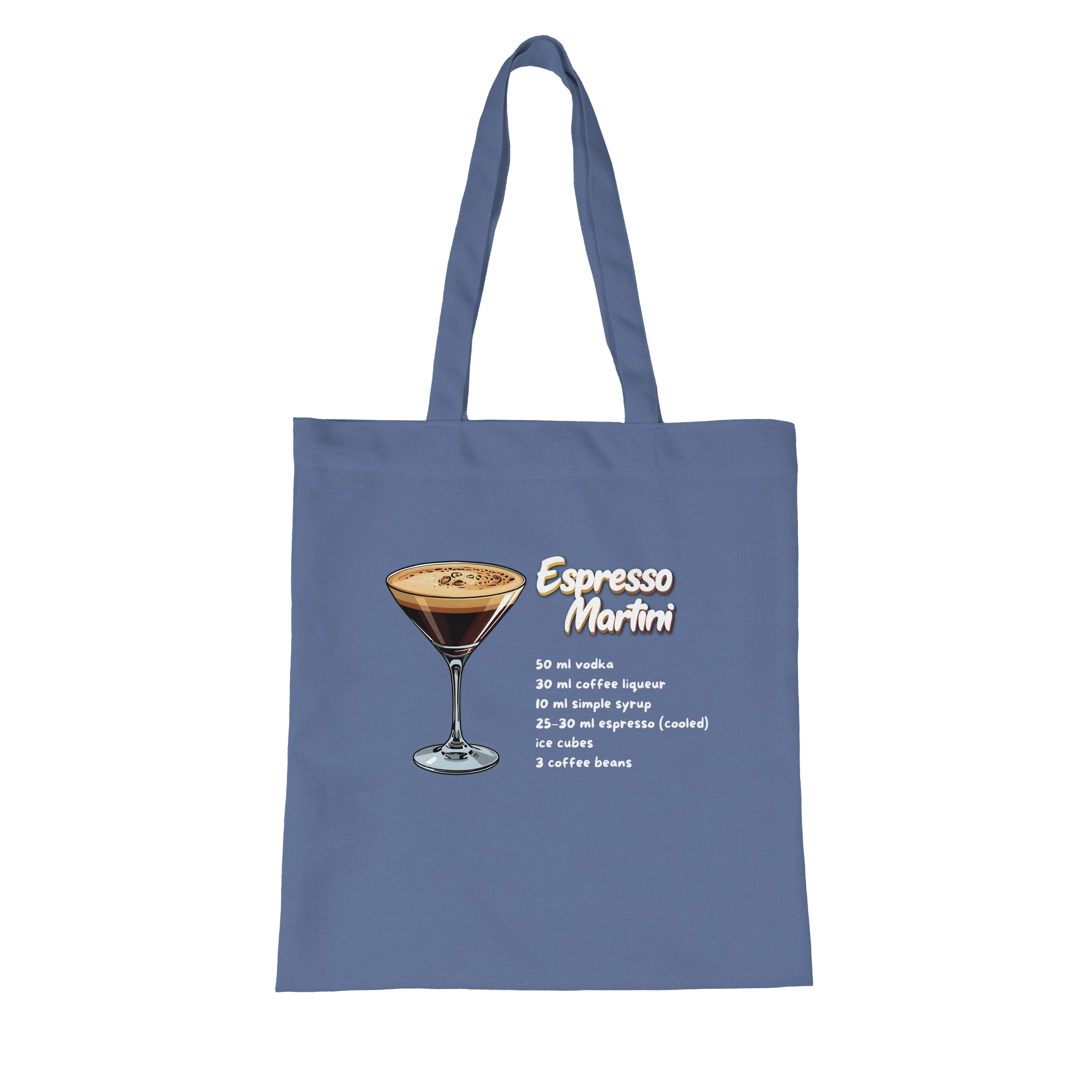 Blauer Jutebeutel mit Espresso Martini Rezept von flyliving und Cocktailglas-Illustration.