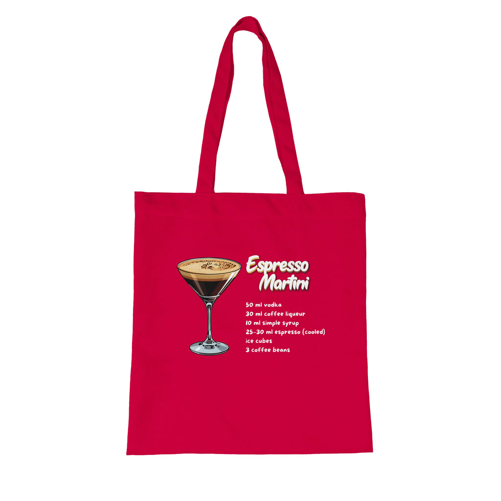 Roter Jutebeutel mit Espresso Martini-Rezept von flyliving, mit Getränkeillustration und Text.