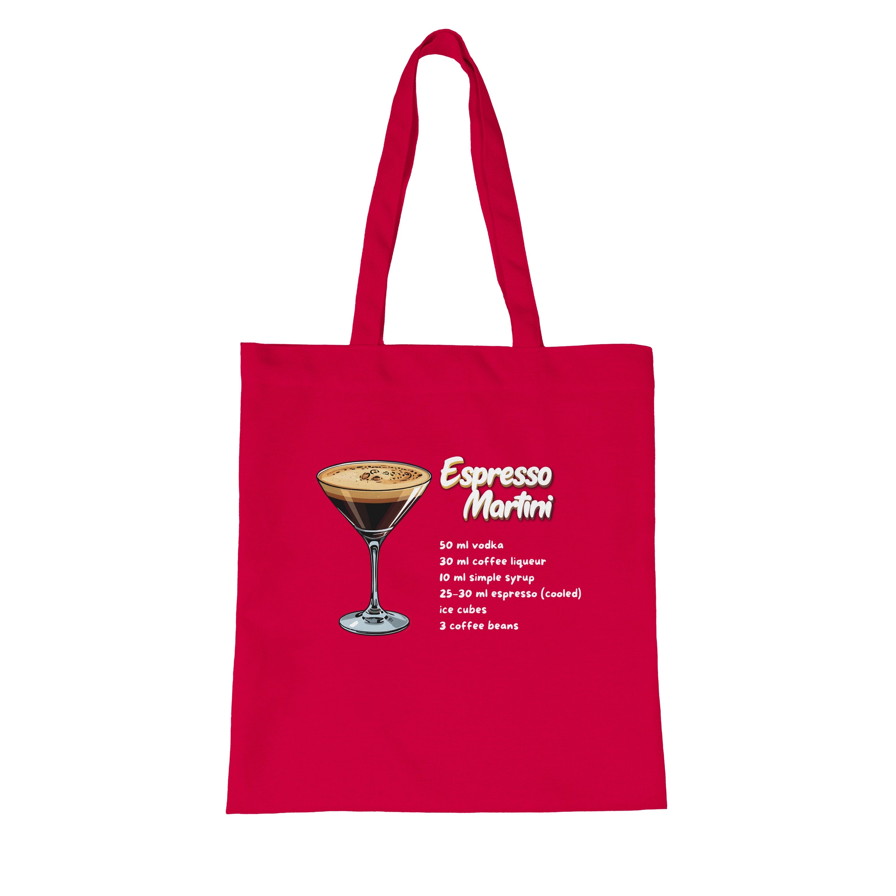Roter Jutebeutel mit Espresso Martini-Rezept von flyliving, mit Getränkeillustration und Text.