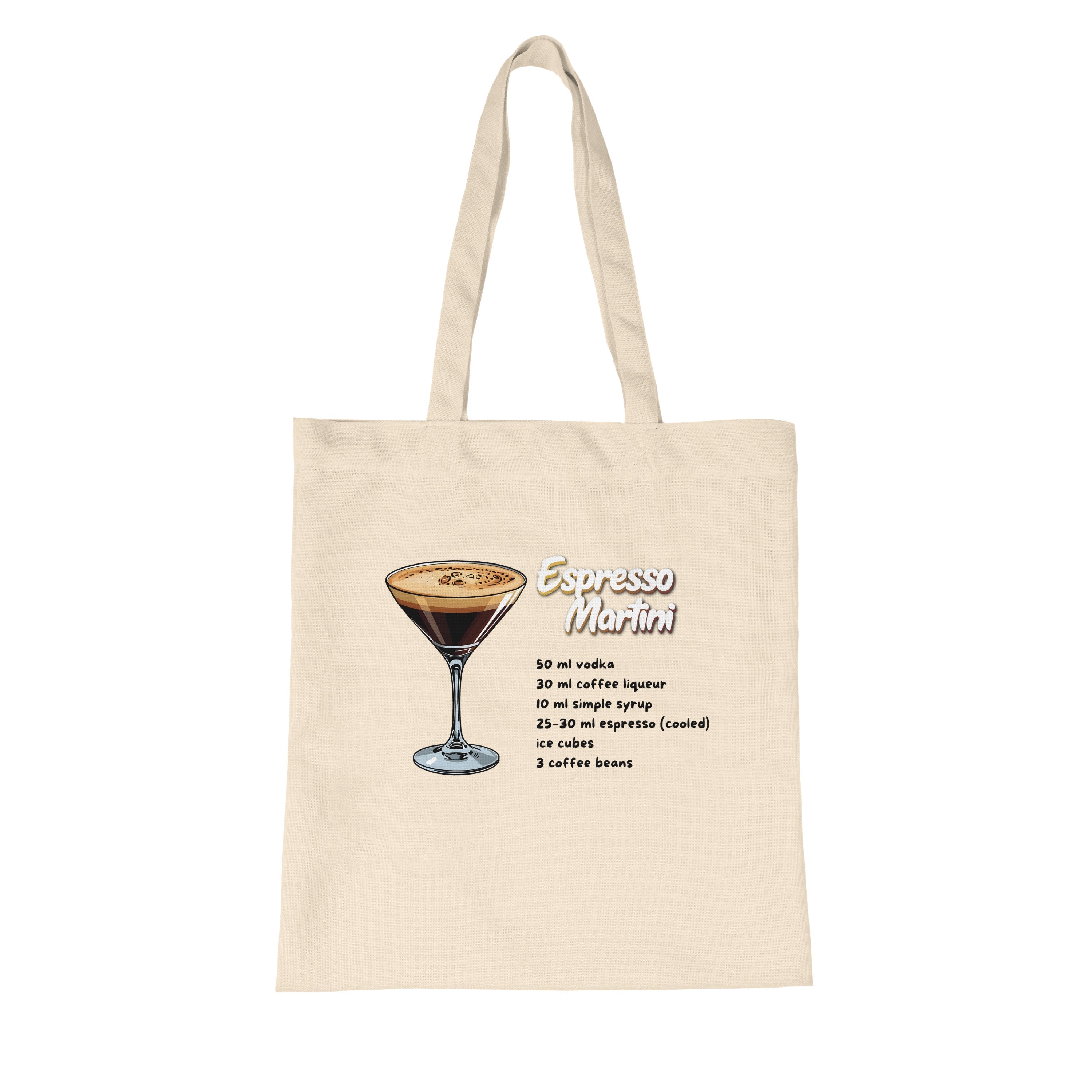 Beiger Jutebeutel mit Espresso Martini Rezept von flyliving, mit Cocktail Illustration und Textaufdruck.