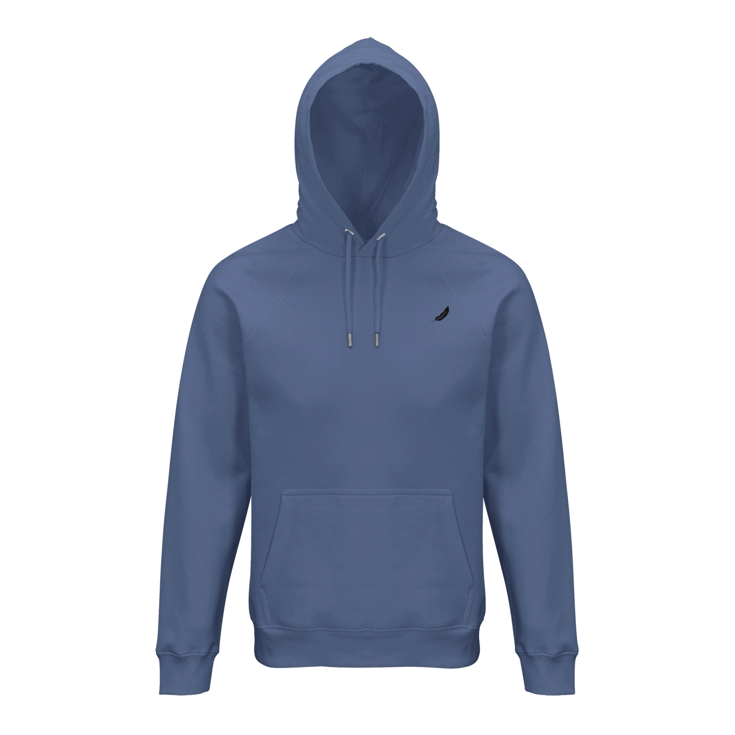 Ein weicher blauer vintage comic hoodie mit kapuze, schwarzem blattlogo auf der brust und passenden kordeln
