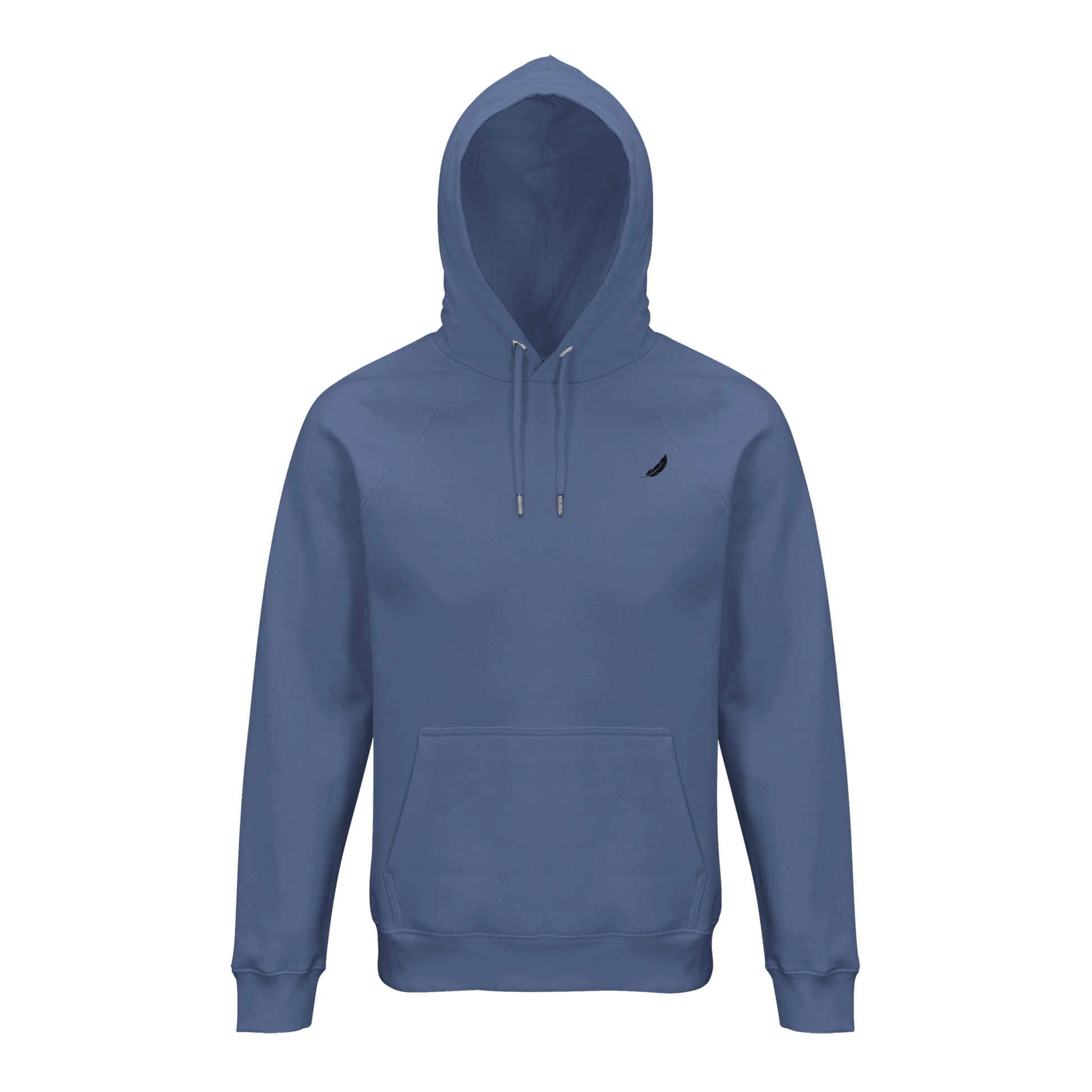 Ein weicher blauer vintage comic hoodie mit kapuze, schwarzem blattlogo auf der brust und passenden kordeln