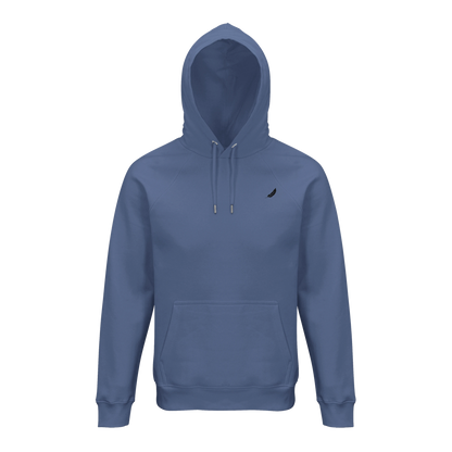 Ein weicher blauer vintage comic hoodie mit kapuze, schwarzem blattlogo auf der brust und passenden kordeln