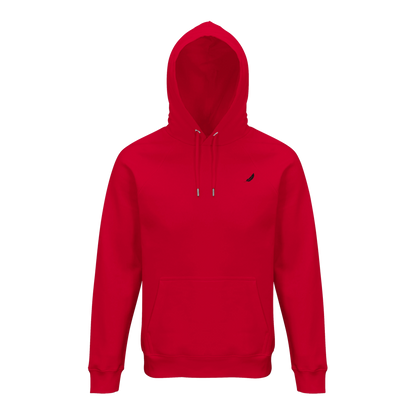 Vintage comic hoodie roter kapuzenpullover mit kleinem schwarzem logo und dunklem humor print