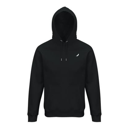 Schwarzer vintage comic hoodie unisex kapuzenpullover mit kleinem weißem logo links und passenden kordeln