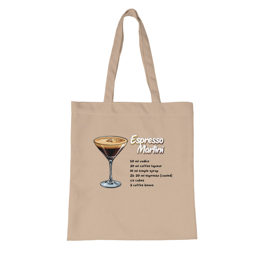 Beige Jutebeutel mit Espresso-Martini-Rezept von flyliving, mit Tragegriffen und Cocktail-Illustration.