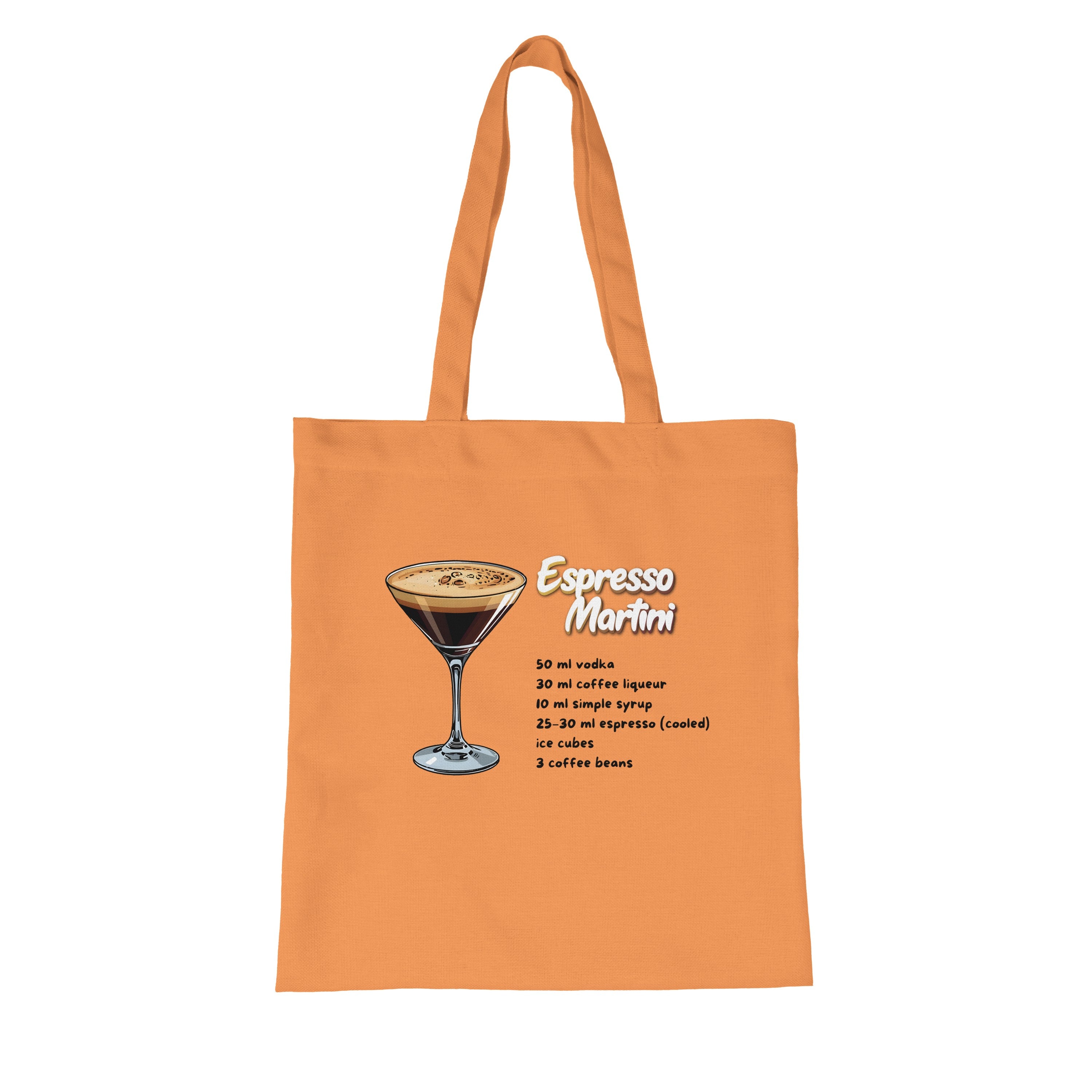 Orangefarbene Jutebeutel Espresso Martini mit Rezept von flyliving, mit Cocktail-Illustration und Zutatenliste.