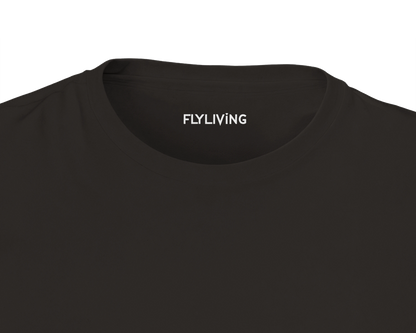 Unisex bio-baumwoll t-shirt in dunklem schwarz mit einfachem rundhalsausschnitt und künstlerischem motiv