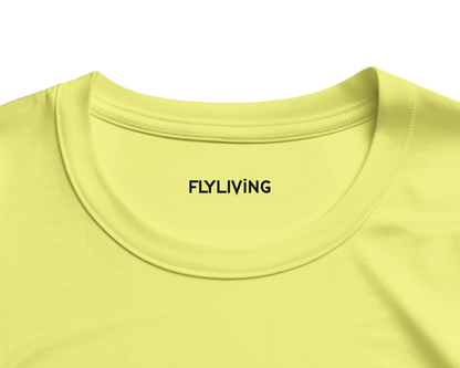 Pale yellow oversized streetwear t-shirt with black flyliving logo inside collar front or backprint summertime design