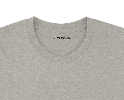 Graues meliertes baumwoll t shirt mit rundhalsausschnitt und flyliving schriftzug innen am kragen personalisiertes camping shirt
