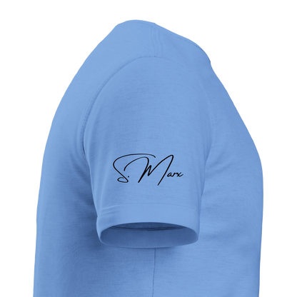 Leichtblaues kurzarmshirt aus schwerer baumwolle mit schwarzem s in kalligraphie la sentimental streetwear basic
