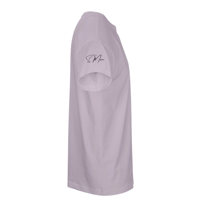 A soft lavender oversized streetwear t-shirt with short sleeves and a subtle black cursive logo embroidered on the left sleeve