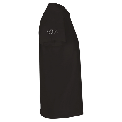 Schwarze bio-baumwoll garment cover mit dezentem weißen kursivlogo obere linke seite passend zum unisex t-shirt