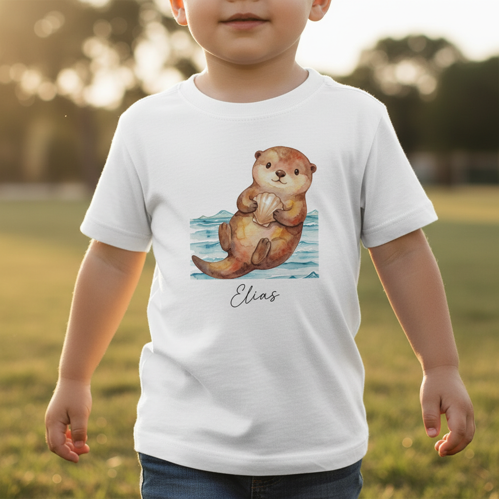 Weiße baumwoll-kinder-t-shirt mit aquarell-illustration eines otters und personalisiertem namensdruck elias