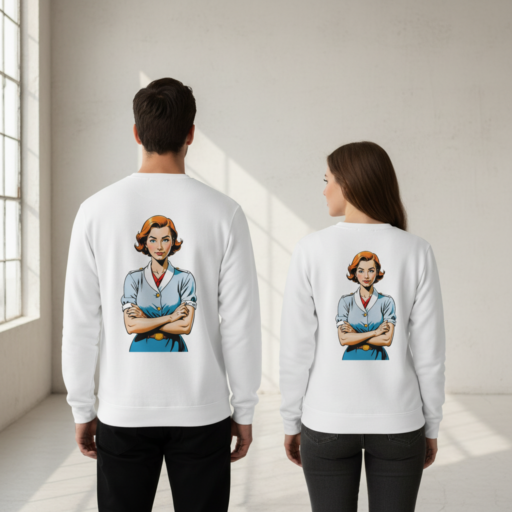 Weißer crewneck sweatshirt mit retroillustration einer frau mit orangen haaren im blauen uniform für alltag und style
