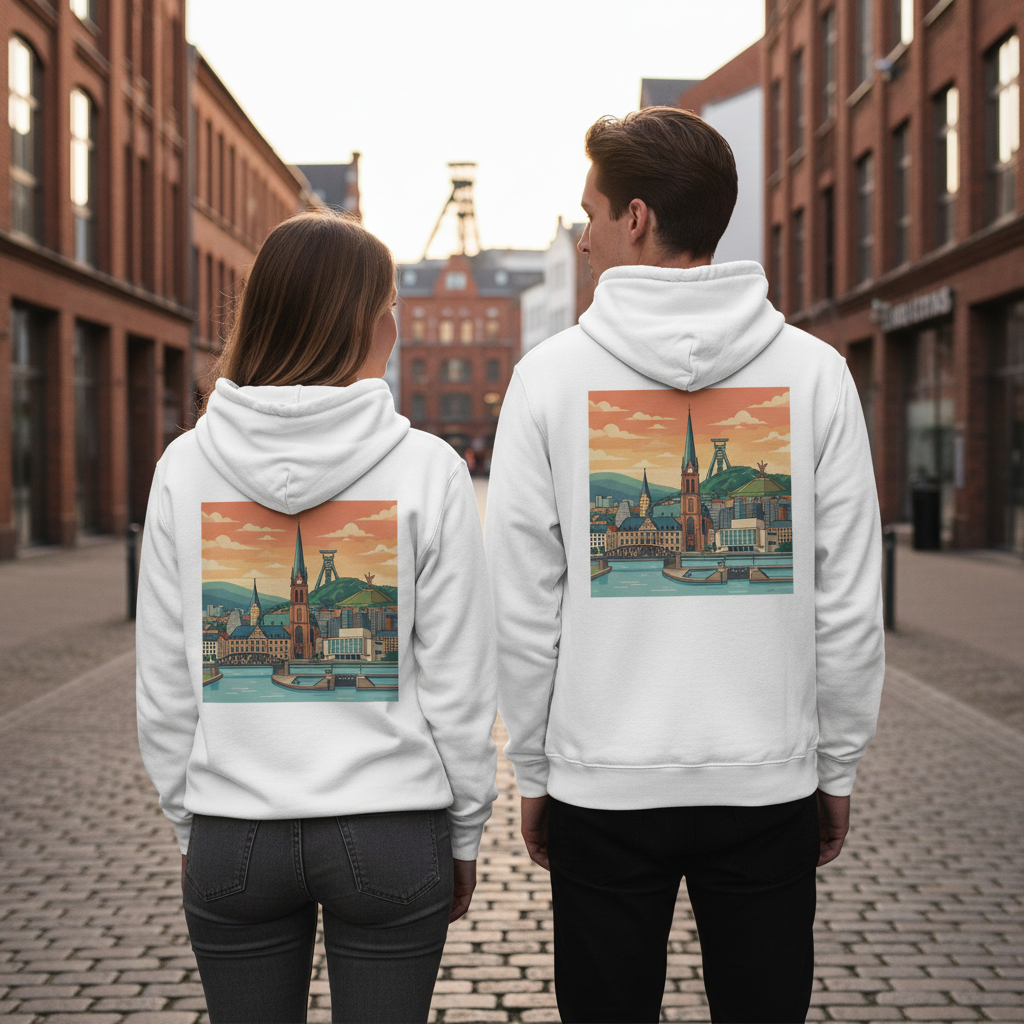 Weißer städte-hoodie mit buntem illustrationsprint einer deutschen stadt auf der rückseite und nachhaltigem reißverschluss