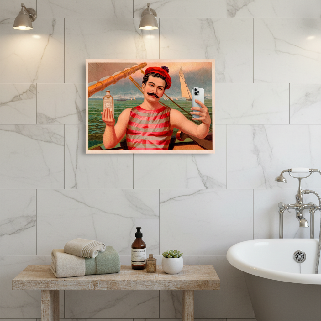 Ein gerahmter leinwanddruck poster compound oxygen zeigt einen mann in roter barettmütze und gestreiftem shirt mit flasche und selfie vor einem maritimen hintergrund