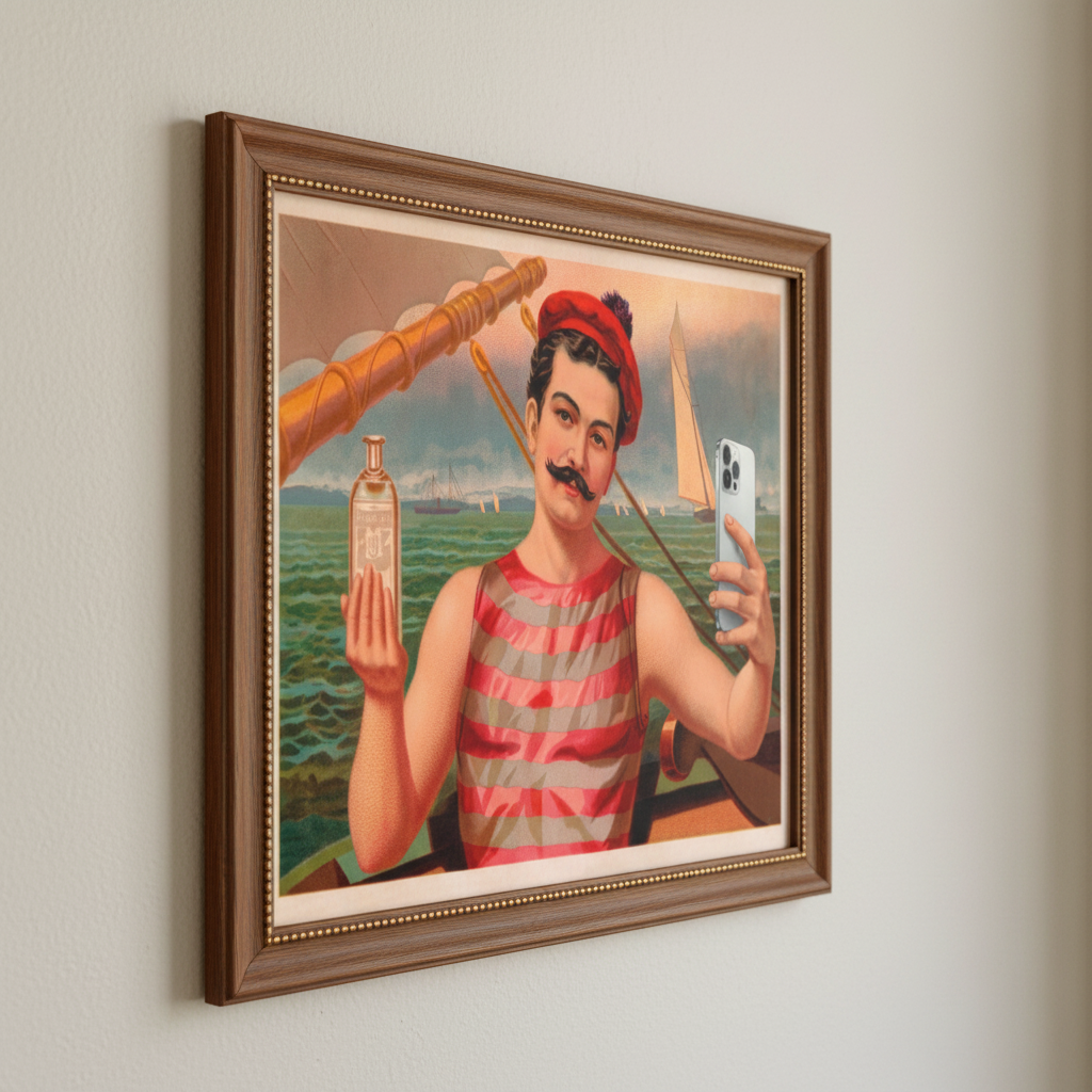 Framed poster compound oxygen vintage werbeplakat showing a man in red beret and striped shirt with bottle by sailboats