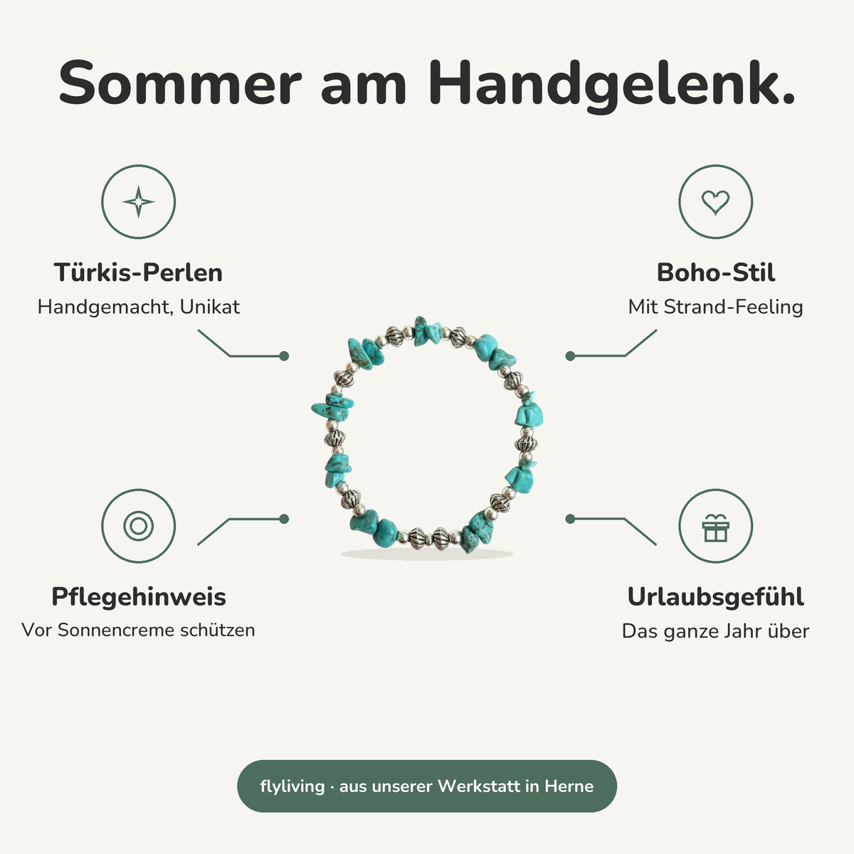 Erklärbild Sommer am Handgelenk. Türkis-Perlen: Handgemacht, Unikat, Boho-Stil: Mit Strand-Feeling, Pflegehinweis: Vor Sonnencreme schützen, Urlaubsgefühl: Das ganze Jahr über