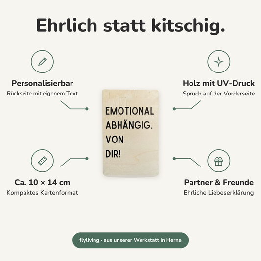 Erklärbild Ehrlich statt kitschig. Personalisierbar: Rückseite mit eigenem Text, Holz mit UV-Druck: Spruch auf der Vorderseite, Ca. 10 × 14 cm: Kompaktes Kartenformat, Partner & Freunde: Ehrliche Liebeserklärung