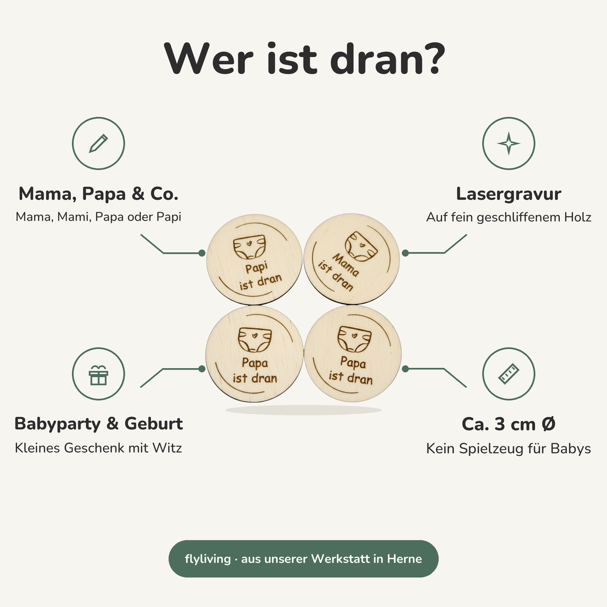 Erklärbild Wer ist dran? Mama, Papa & Co.: Mama, Mami, Papa oder Papi, Lasergravur: Auf fein geschliffenem Holz, Babyparty & Geburt: Kleines Geschenk mit Witz, Ca. 3 cm Ø: Kein Spielzeug für Babys