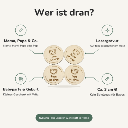 Erklärbild Wer ist dran? Mama, Papa & Co.: Mama, Mami, Papa oder Papi, Lasergravur: Auf fein geschliffenem Holz, Babyparty & Geburt: Kleines Geschenk mit Witz, Ca. 3 cm Ø: Kein Spielzeug für Babys