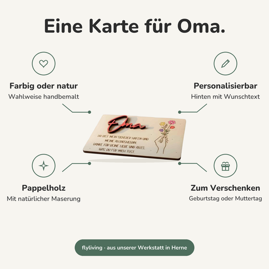 Erklärbild Eine Karte für Oma. Farbig oder natur: Wahlweise handbemalt, Personalisierbar: Hinten mit Wunschtext, Pappelholz: Mit natürlicher Maserung, Zum Verschenken: Geburtstag oder Muttertag
