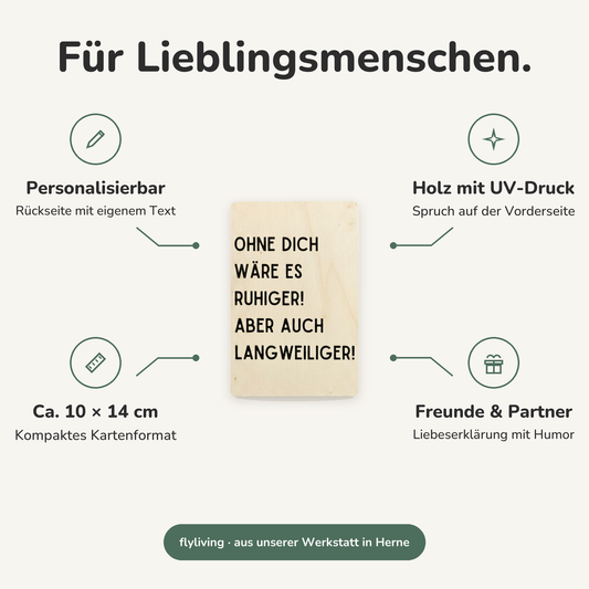Erklärbild Für Lieblingsmenschen. Personalisierbar: Rückseite mit eigenem Text, Holz mit UV-Druck: Spruch auf der Vorderseite, Ca. 10 × 14 cm: Kompaktes Kartenformat, Freunde & Partner: Liebeserklärung mit Humor
