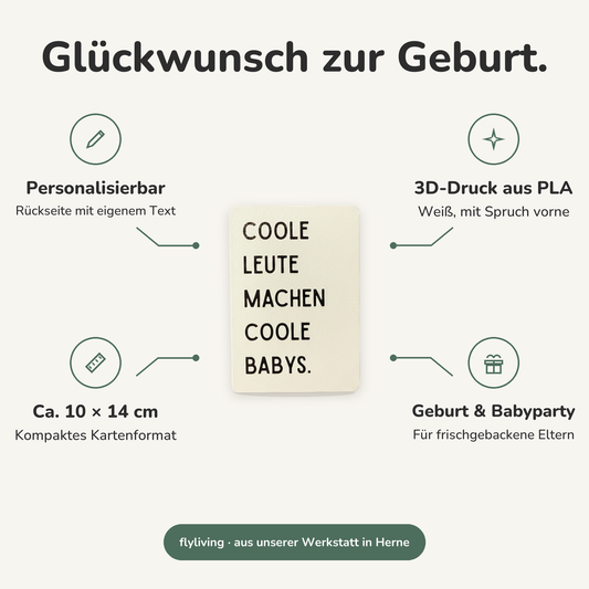 Erklärbild Glückwunsch zur Geburt. Personalisierbar: Rückseite mit eigenem Text, 3D-Druck aus PLA: Weiß, mit Spruch vorne, Ca. 10 × 14 cm: Kompaktes Kartenformat, Geburt & Babyparty: Für frischgebackene Eltern