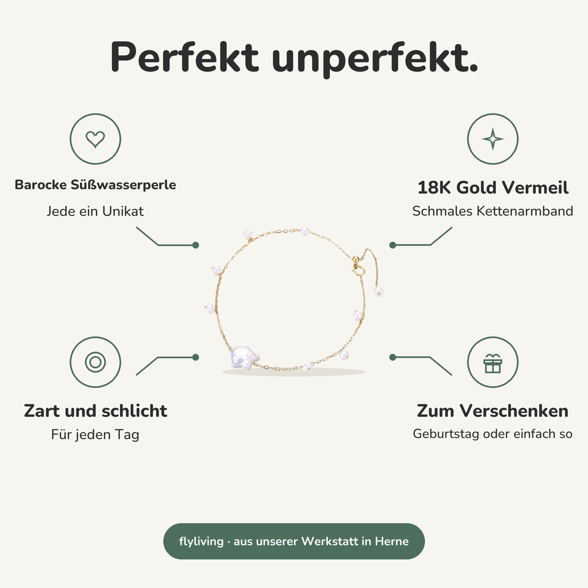 Erklärbild Perfekt unperfekt. Barocke Süßwasserperle: Jede ein Unikat, 18K Gold Vermeil: Schmales Kettenarmband, Zart und schlicht: Für jeden Tag, Zum Verschenken: Geburtstag oder einfach so