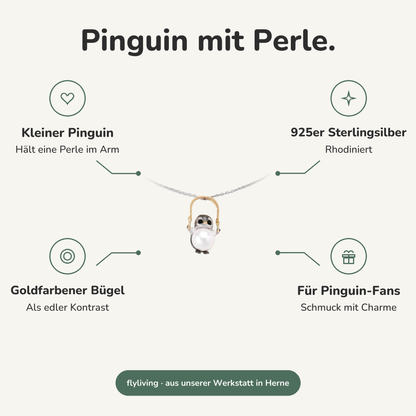 Erklärbild Pinguin mit Perle. Kleiner Pinguin: Hält eine Perle im Arm, 925er Sterlingsilber: Rhodiniert, Goldfarbener Bügel: Als edler Kontrast, Für Pinguin-Fans: Schmuck mit Charme
