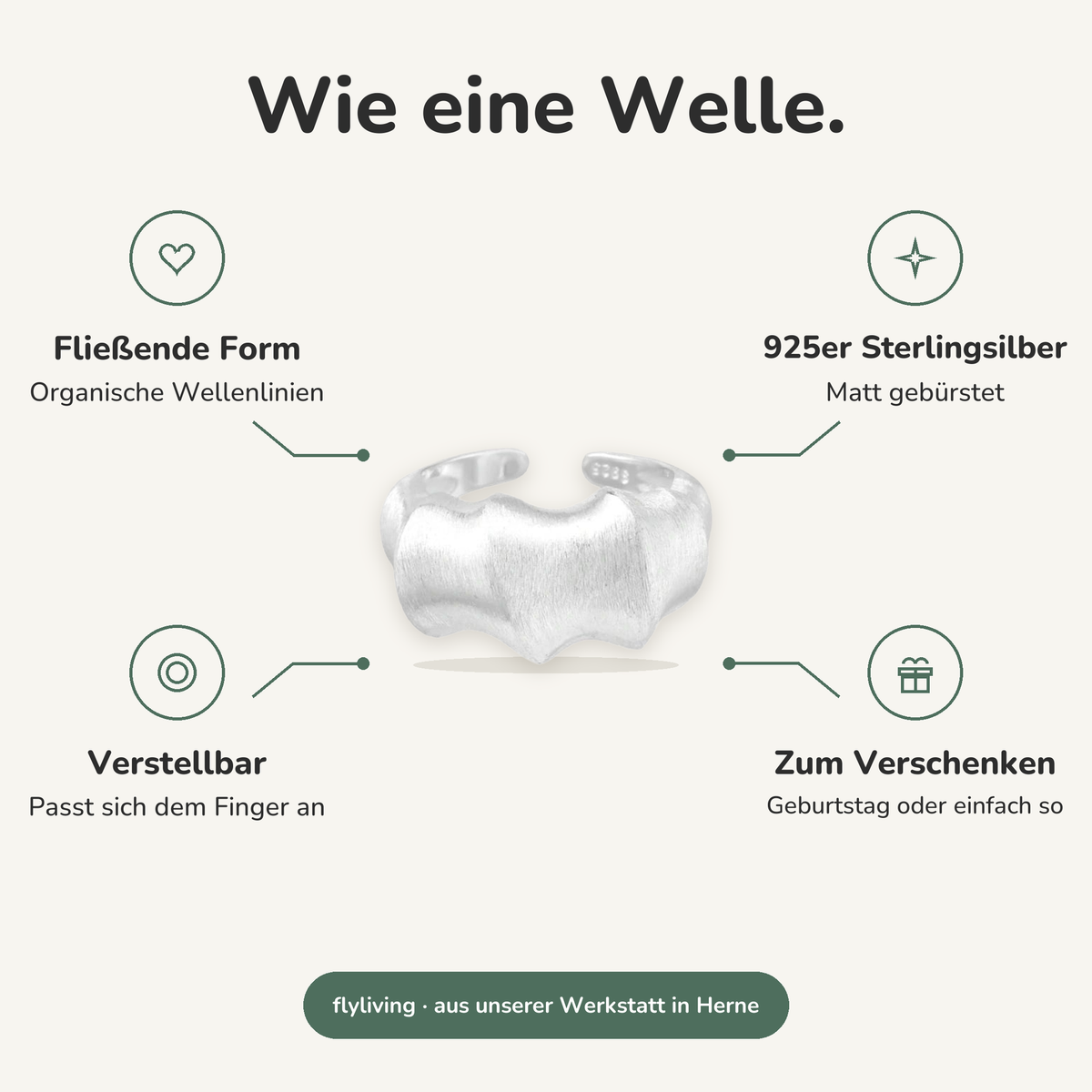 Erklärbild Wie eine Welle. Fließende Form: Organische Wellenlinien, 925er Sterlingsilber: Matt gebürstet, Verstellbar: Passt sich dem Finger an, Zum Verschenken: Geburtstag oder einfach so