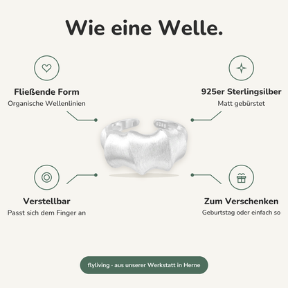 Erklärbild Wie eine Welle. Fließende Form: Organische Wellenlinien, 925er Sterlingsilber: Matt gebürstet, Verstellbar: Passt sich dem Finger an, Zum Verschenken: Geburtstag oder einfach so