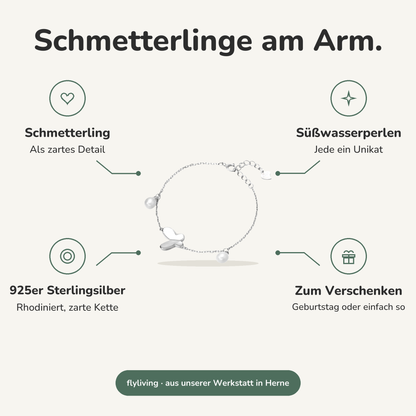 Erklärbild Schmetterlinge am Arm. Schmetterling: Als zartes Detail, Süßwasserperlen: Jede ein Unikat, 925er Sterlingsilber: Rhodiniert, zarte Kette, Zum Verschenken: Geburtstag oder einfach so