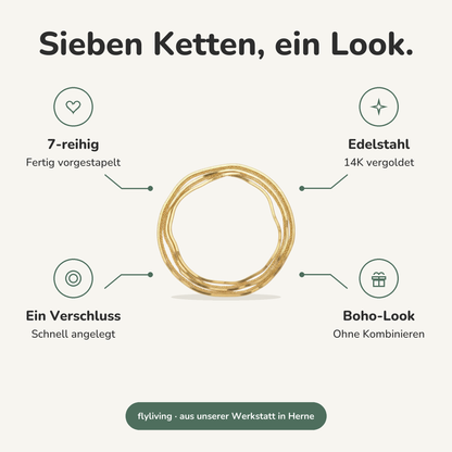 Erklärbild Sieben Ketten, ein Look. 7-reihig: Fertig vorgestapelt, Edelstahl: 14K vergoldet, Ein Verschluss: Schnell angelegt, Boho-Look: Ohne Kombinieren