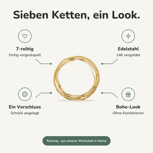 Erklärbild Sieben Ketten, ein Look. 7-reihig: Fertig vorgestapelt, Edelstahl: 14K vergoldet, Ein Verschluss: Schnell angelegt, Boho-Look: Ohne Kombinieren
