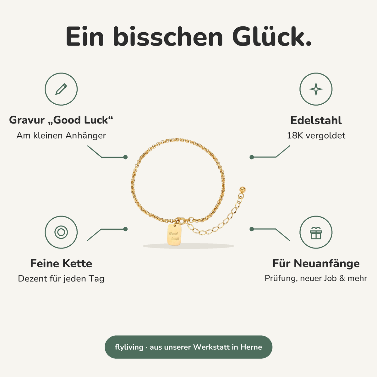 Erklärbild Ein bisschen Glück. Gravur „Good Luck“: Am kleinen Anhänger, Edelstahl: 18K vergoldet, Feine Kette: Dezent für jeden Tag, Für Neuanfänge: Prüfung, neuer Job & mehr