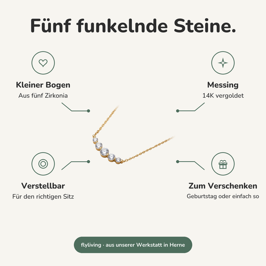 Erklärbild Fünf funkelnde Steine. Kleiner Bogen: Aus fünf Zirkonia, Messing: 14K vergoldet, Verstellbar: Für den richtigen Sitz, Zum Verschenken: Geburtstag oder einfach so