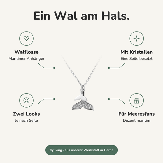 Erklärbild Ein Wal am Hals. Walflosse: Maritimer Anhänger, Mit Kristallen: Eine Seite besetzt, Zwei Looks: Je nach Seite, Für Meeresfans: Dezent maritim