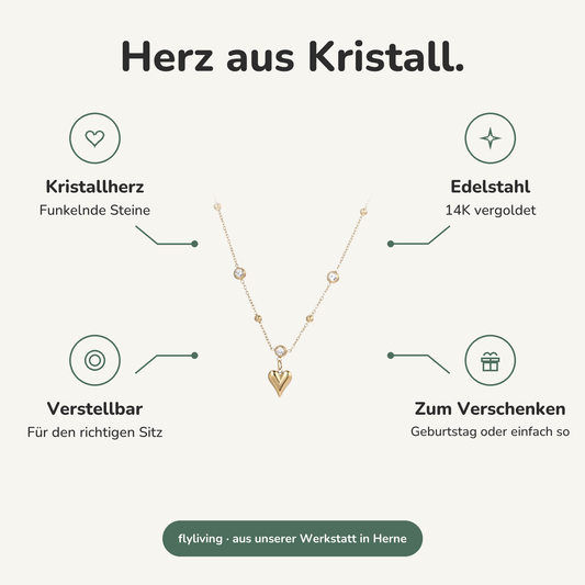 Erklärbild Herz aus Kristall. Kristallherz: Funkelnde Steine, Edelstahl: 14K vergoldet, Verstellbar: Für den richtigen Sitz, Zum Verschenken: Geburtstag oder einfach so