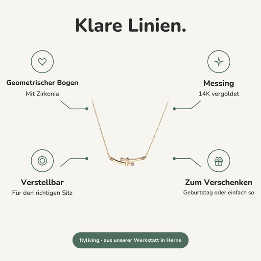Erklärbild Klare Linien. Geometrischer Bogen: Mit Zirkonia, Messing: 14K vergoldet, Verstellbar: Für den richtigen Sitz, Zum Verschenken: Geburtstag oder einfach so