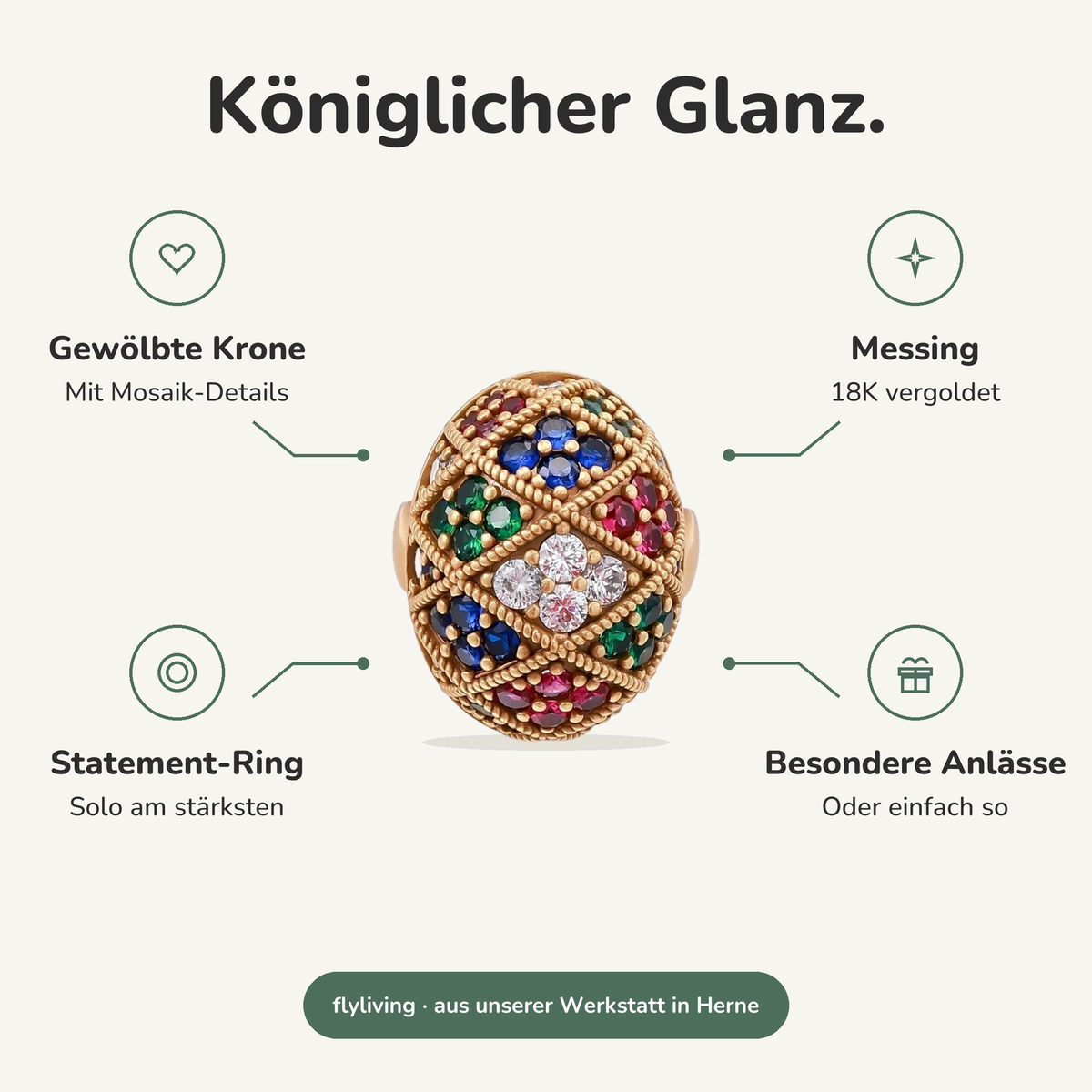 Erklärbild Königlicher Glanz. Gewölbte Krone: Mit Mosaik-Details, Messing: 18K vergoldet, Statement-Ring: Solo am stärksten, Besondere Anlässe: Oder einfach so