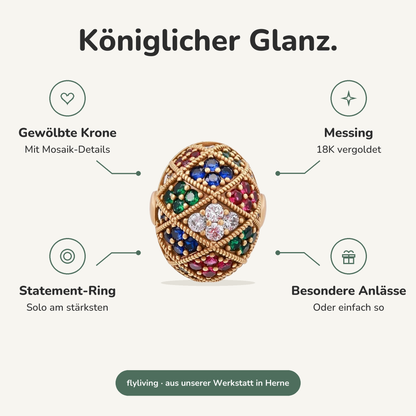 Erklärbild Königlicher Glanz. Gewölbte Krone: Mit Mosaik-Details, Messing: 18K vergoldet, Statement-Ring: Solo am stärksten, Besondere Anlässe: Oder einfach so