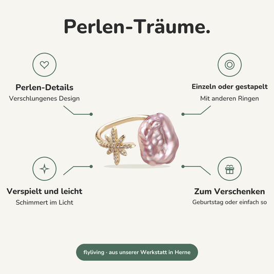 Erklärbild Perlen-Träume. Perlen-Details: Verschlungenes Design, Einzeln oder gestapelt: Mit anderen Ringen, Verspielt und leicht: Schimmert im Licht, Zum Verschenken: Geburtstag oder einfach so