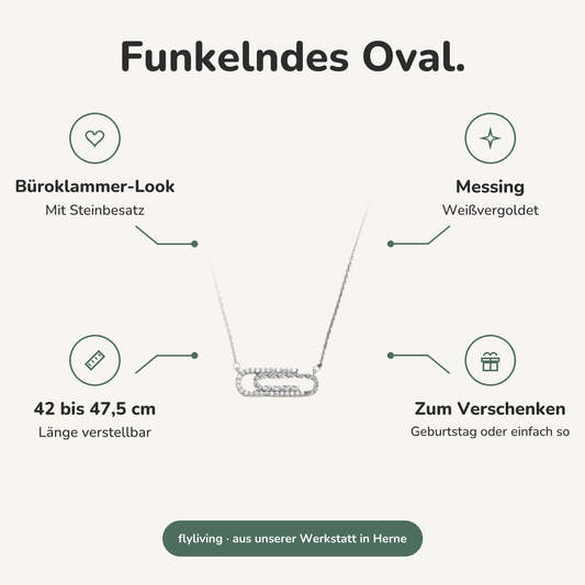 Erklärbild Funkelndes Oval. Büroklammer-Look: Mit Steinbesatz, Messing: Weißvergoldet, 42 bis 47,5 cm: Länge verstellbar, Zum Verschenken: Geburtstag oder einfach so