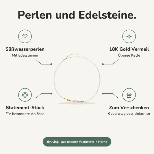 Erklärbild Perlen und Edelsteine. Süßwasserperlen: Mit Edelsteinen, 18K Gold Vermeil: Üppige Kette, Statement-Stück: Für besondere Anlässe, Zum Verschenken: Geburtstag oder einfach so