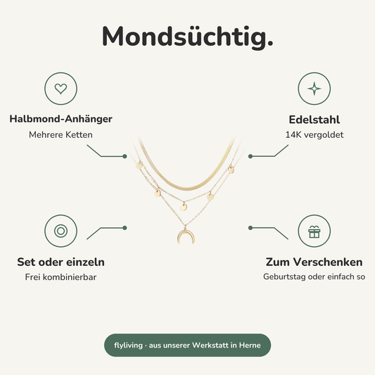 Erklärbild Mondsüchtig. Halbmond-Anhänger: Mehrere Ketten, Edelstahl: 14K vergoldet, Set oder einzeln: Frei kombinierbar, Zum Verschenken: Geburtstag oder einfach so